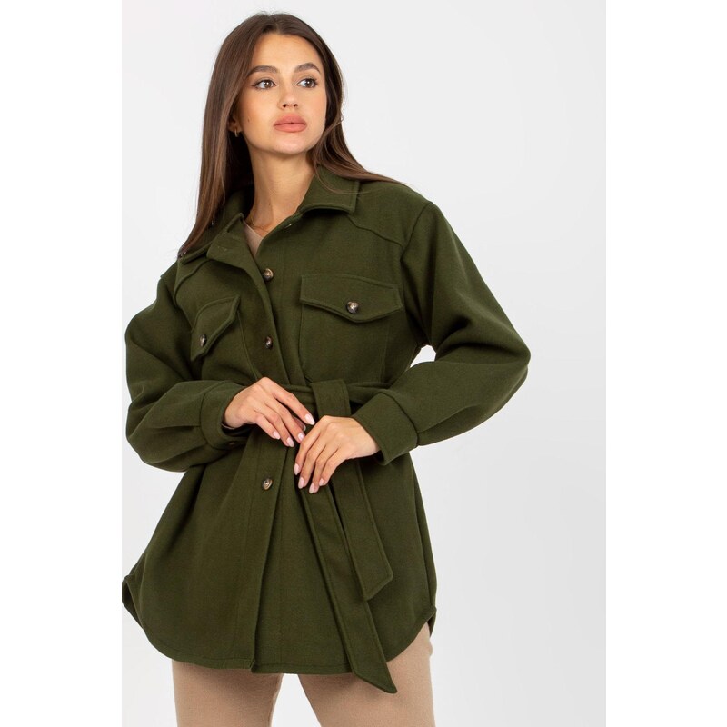 MladaModa Krátký kabát s páskem model 93985 barva khaki 86056086