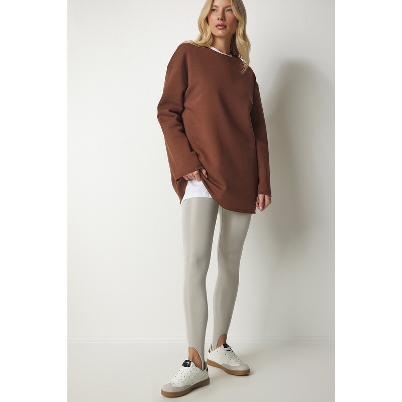 Happiness İstanbul Women's Brown Shark Oversized Knitted Sweatshirt