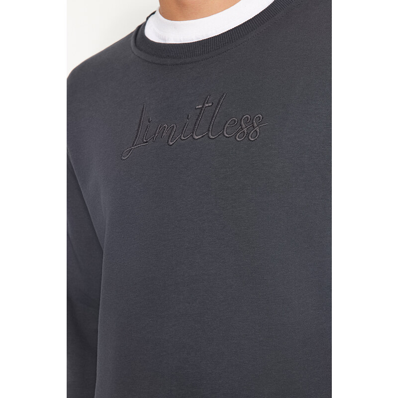 Trendyol Anthracite Regular/Normal Fit 100% Cotton Sweatshirt with Text Embroidery