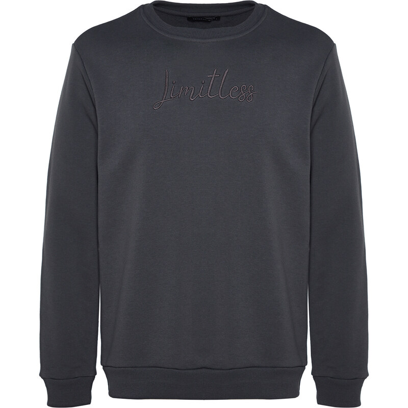 Trendyol Anthracite Regular/Normal Fit 100% Cotton Sweatshirt with Text Embroidery