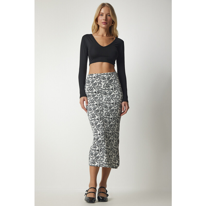 Happiness İstanbul Women's Black and White Patterned Slit Camisole Skirt