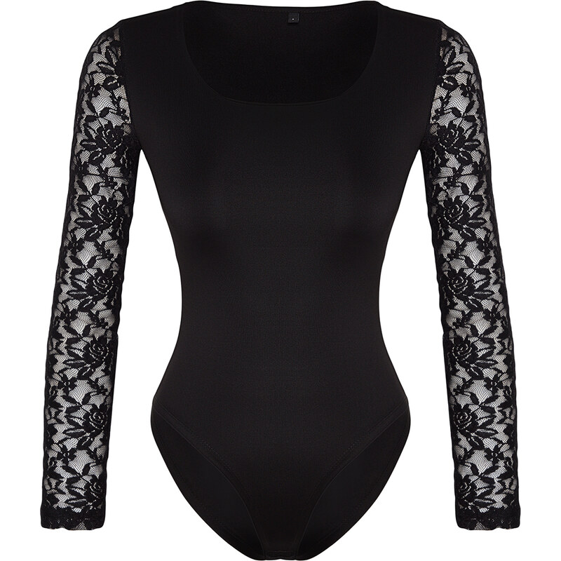 Trendyol Black Square Neck Lace Sleeve Knitted Bodysuit