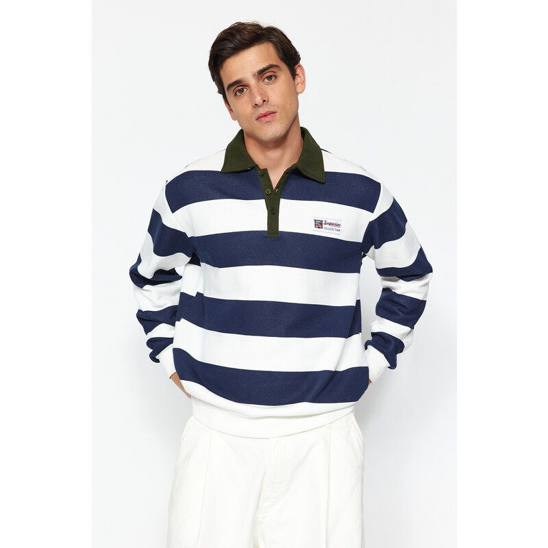 Trendyol Navy Regular/Regular Fit Polo Neck Striped Fleece Inside Cotton Sweatshirt