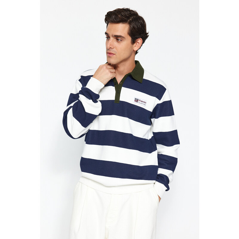 Trendyol Navy Regular/Regular Fit Polo Neck Striped Fleece Inside Cotton Sweatshirt
