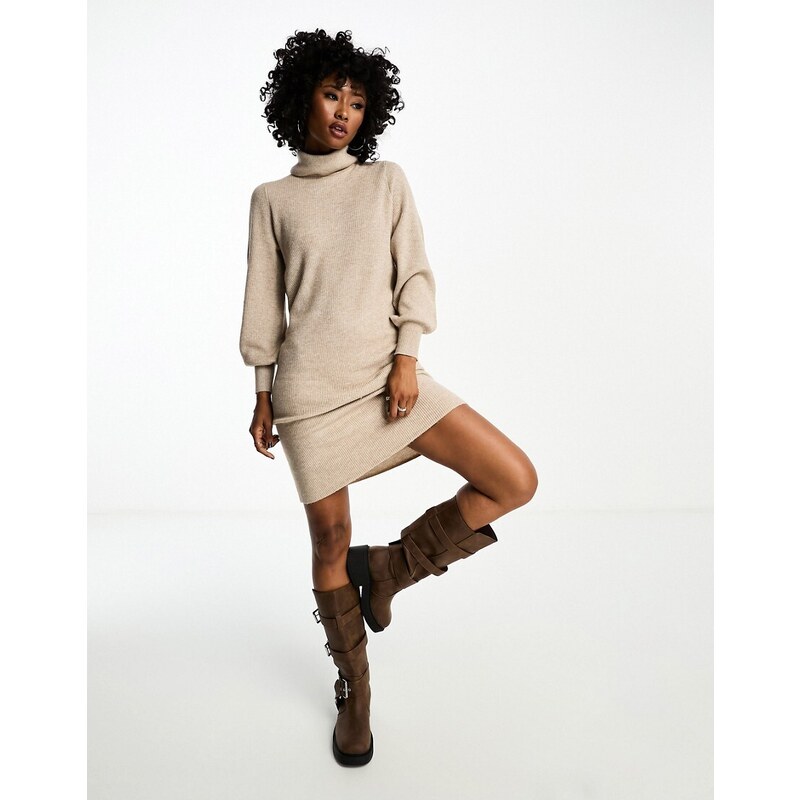 ONLY roll neck puff sleeve knitted midi jumper dress in beige-Neutral 91885872