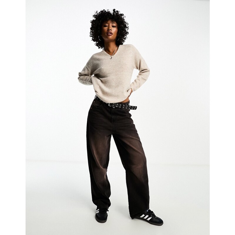 ONLY v neck jumper in stone marl-Neutral