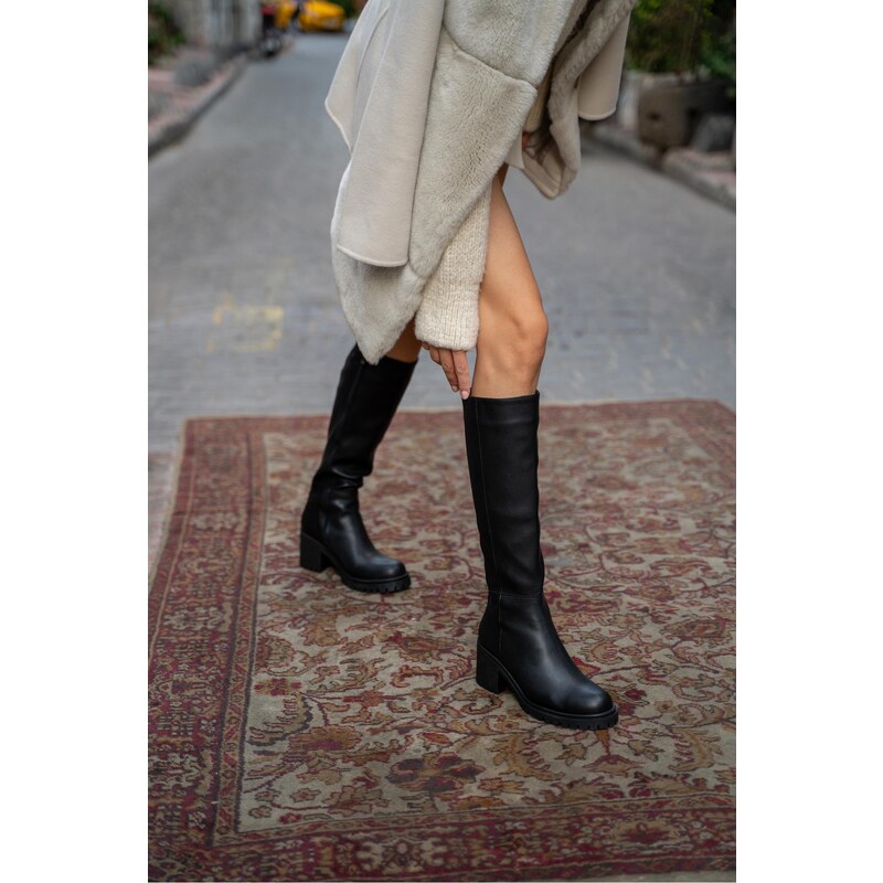 Madamra Black Women's Knee-Length Heeled Boots