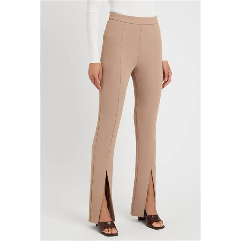 Madmext Beige High Waist Women's Pants with Slits