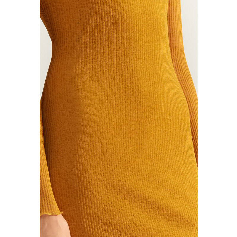 Trendyol Mustard Special Textured, Tulle Liner, Fitted Maxi Stand Collar, Flexible Knit Dress