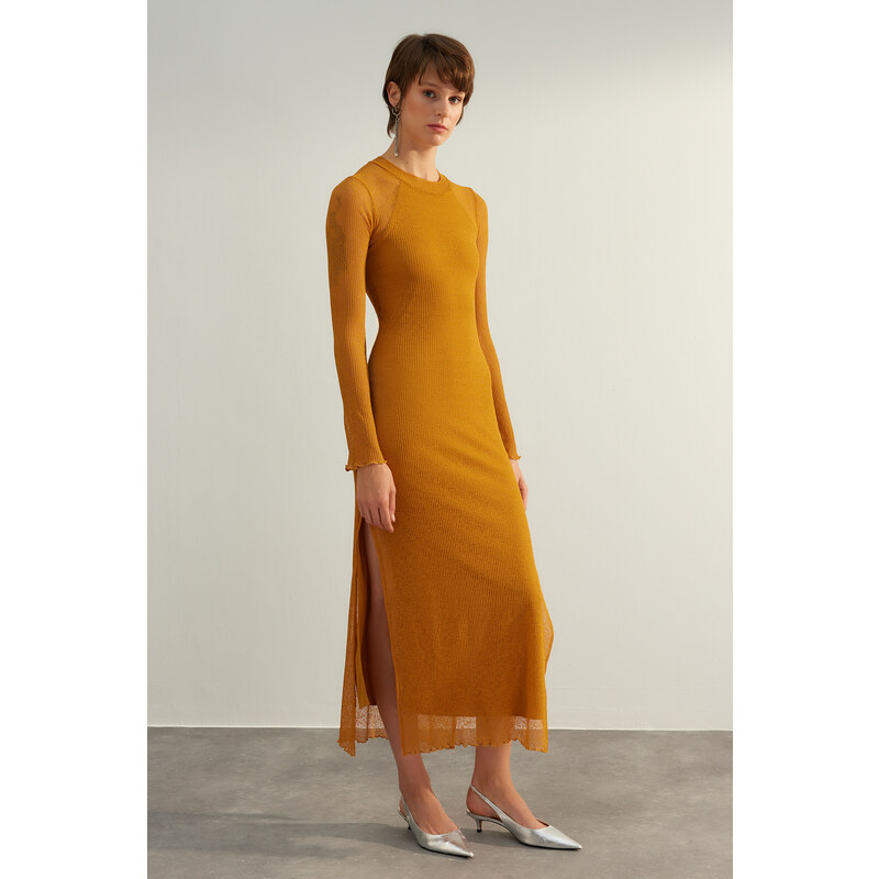 Trendyol Mustard Special Textured, Tulle Liner, Fitted Maxi Stand Collar, Flexible Knit Dress