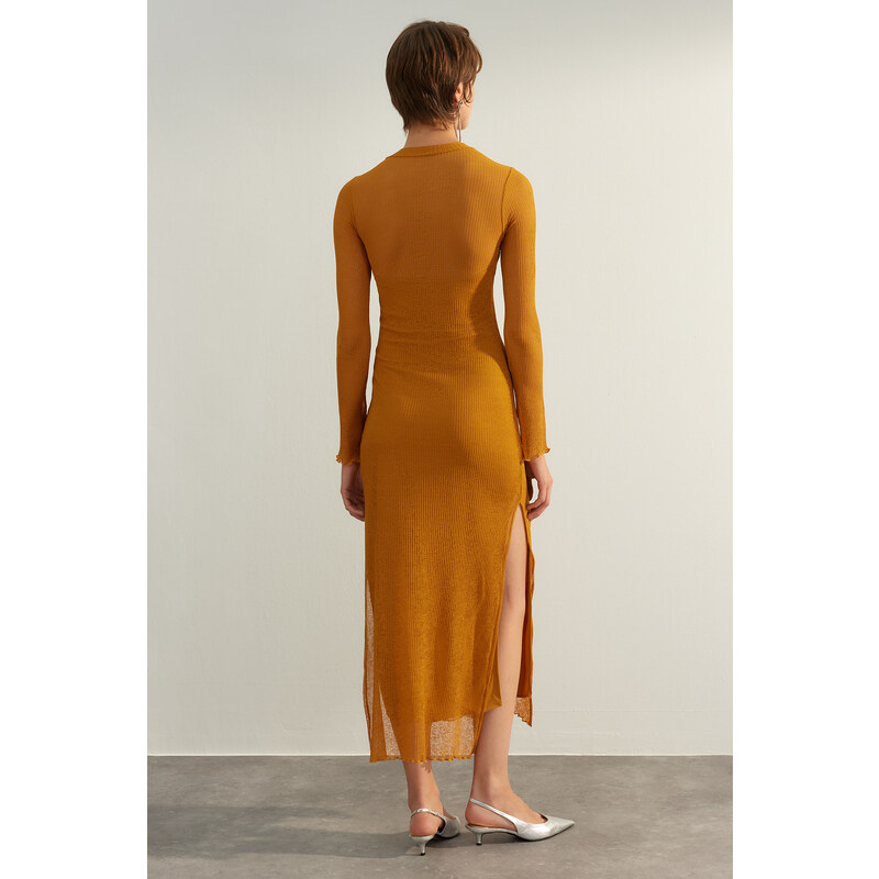 Trendyol Mustard Special Textured, Tulle Liner, Fitted Maxi Stand Collar, Flexible Knit Dress