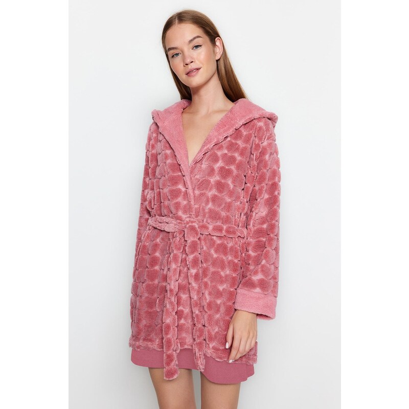 Trendyol Pink Belted Heart Pattern Fleece Knitted Dressing Gown