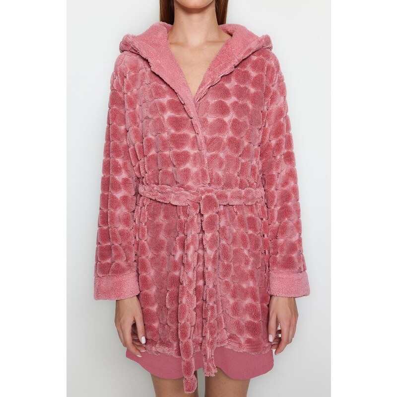 Trendyol Pink Belted Heart Pattern Fleece Knitted Dressing Gown