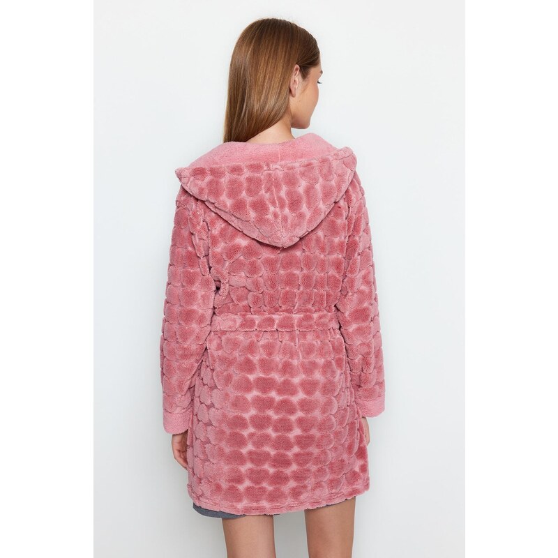 Trendyol Pink Belted Heart Pattern Fleece Knitted Dressing Gown