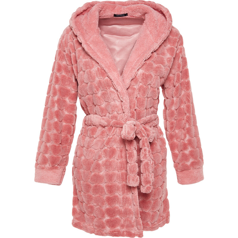 Trendyol Pink Belted Heart Pattern Fleece Knitted Dressing Gown