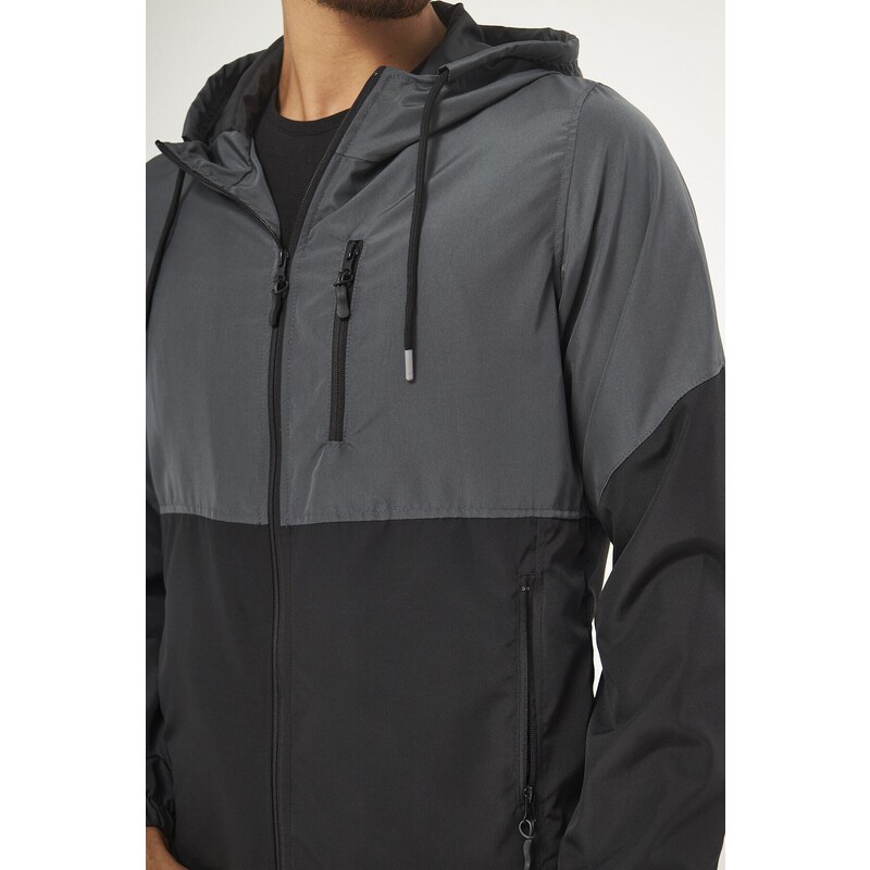 River Club Men's Anthracite- Black Two Colors Inner Lined Water-Resistant Hooded Raincoat with Pocket.