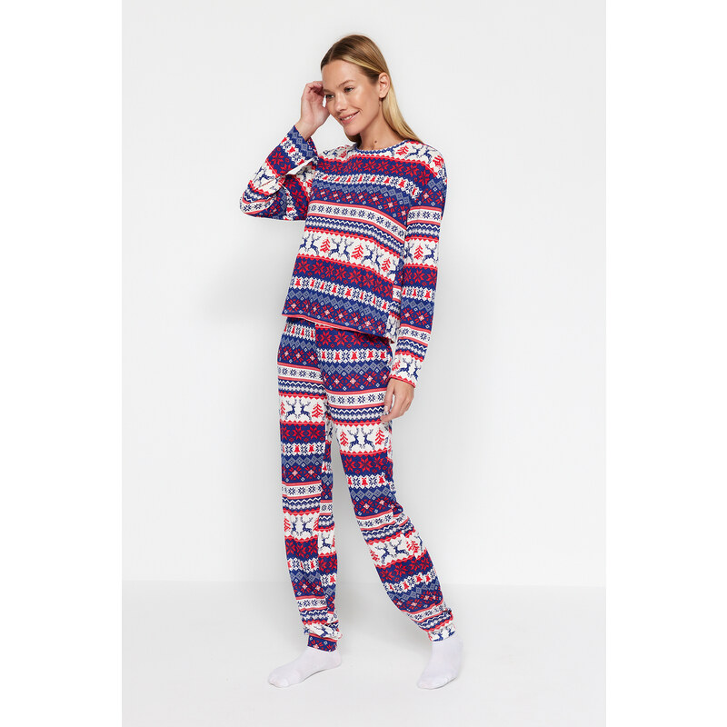 Trendyol Multicolored 100% Cotton Christmas Theme Tshirt-Pants, Knitted Pajamas Set