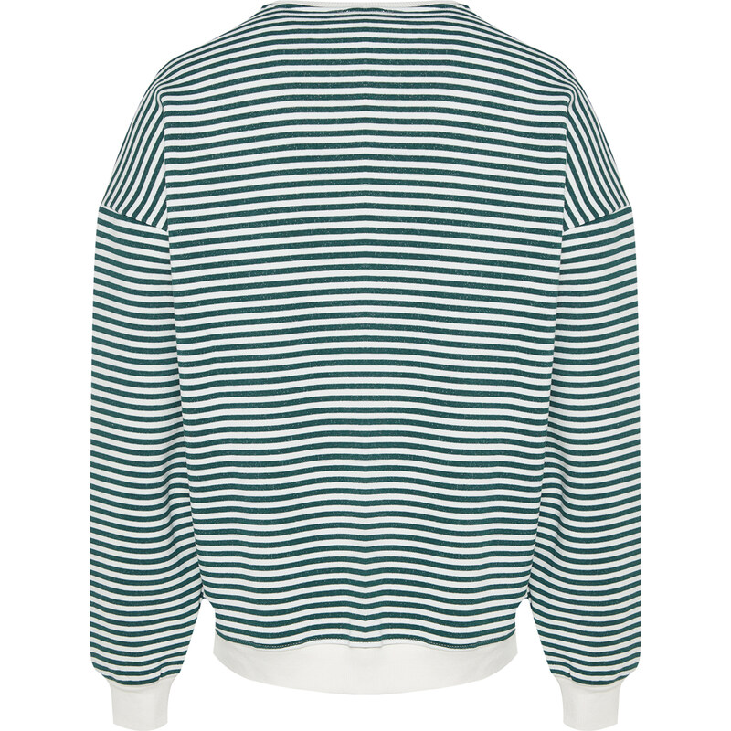 Trendyol Green Oversize/Wide-Fit Striped Fleece Cotton Sweatshirt