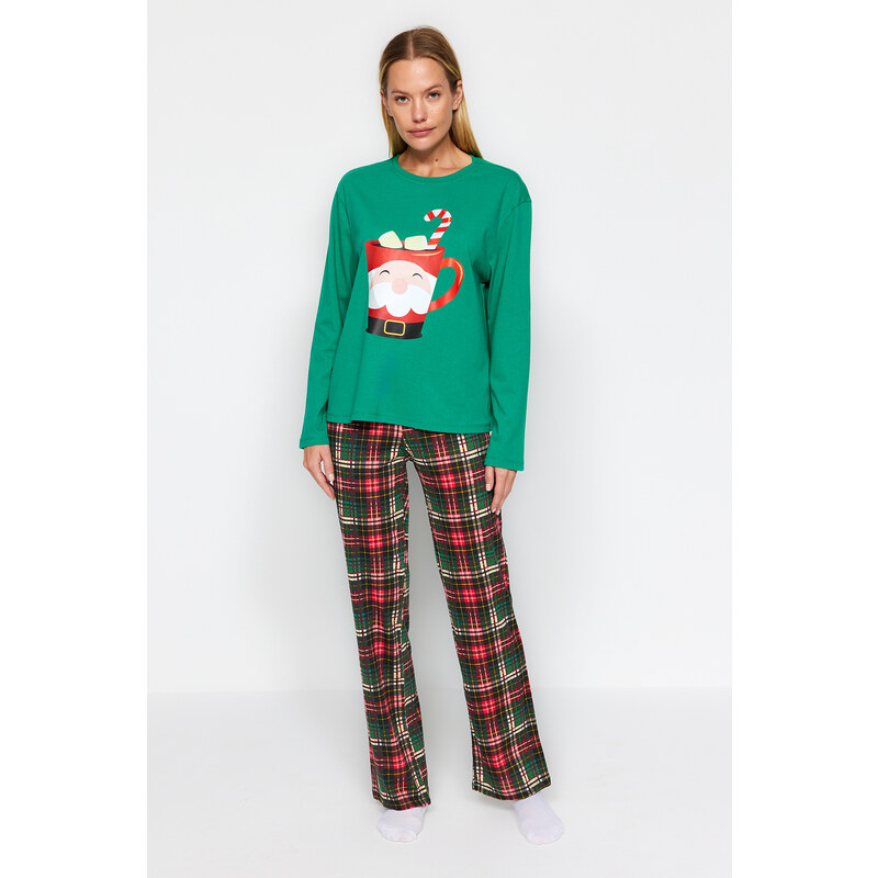 Trendyol Green 100% Cotton Christmas Theme Tshirt-Pants and Knitted Pajamas Set