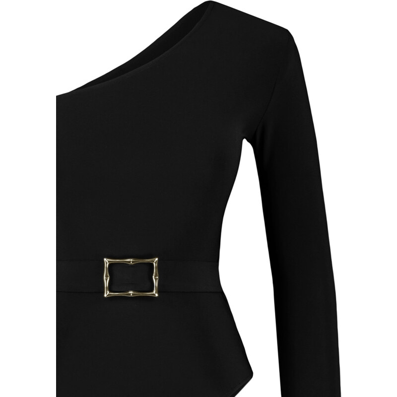Trendyol Black Belt Detail One-Shoulder Fitted/Situated Elastic Knitted Body with Snap Snaps