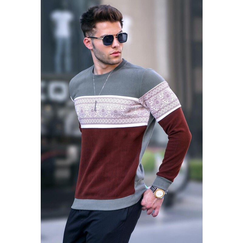 Madmext Khaki Jacquard Patterned Crewneck Knitwear Sweater 5966