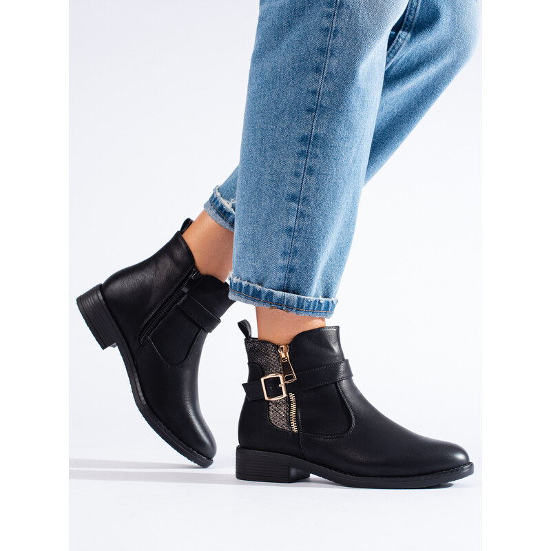 Shelvt black flat-heeled ankle boots