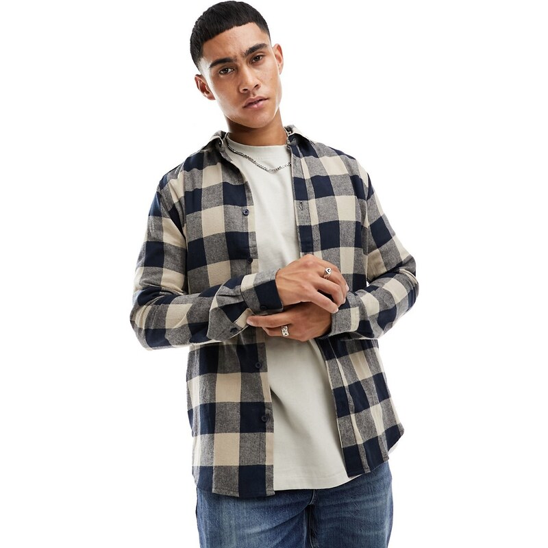 ONLY & SONS buffalo check shirt in navy and beige-Multi