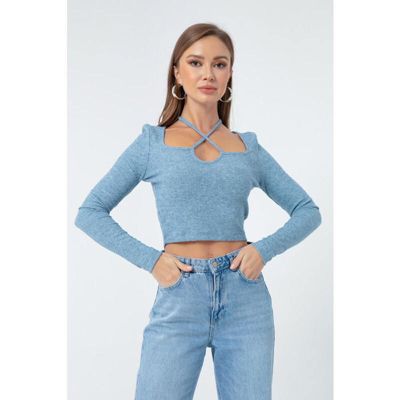 Lafaba Women's Blue Long Sleeve Knitted Crop