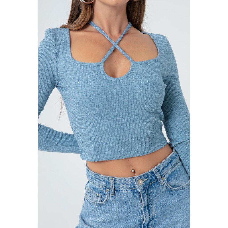 Lafaba Women's Blue Long Sleeve Knitted Crop