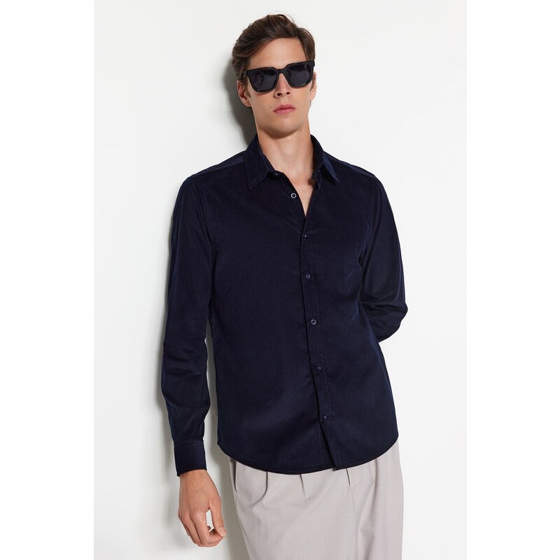 Trendyol Navy Blue Slim Fit Ribbed Velvet Thick Winter Shirt