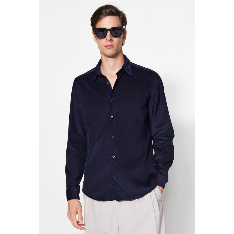 Trendyol Navy Blue Slim Fit Ribbed Velvet Thick Winter Shirt