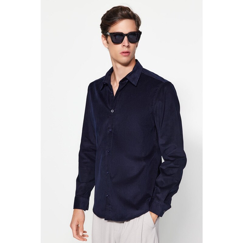 Trendyol Navy Blue Slim Fit Ribbed Velvet Thick Winter Shirt