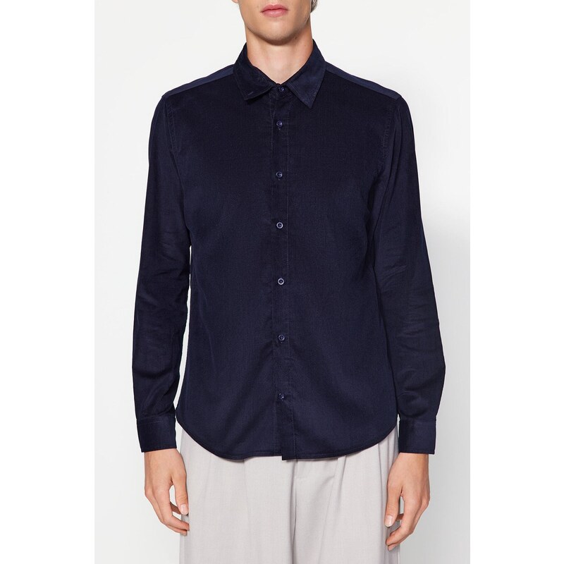 Trendyol Navy Blue Slim Fit Ribbed Velvet Thick Winter Shirt