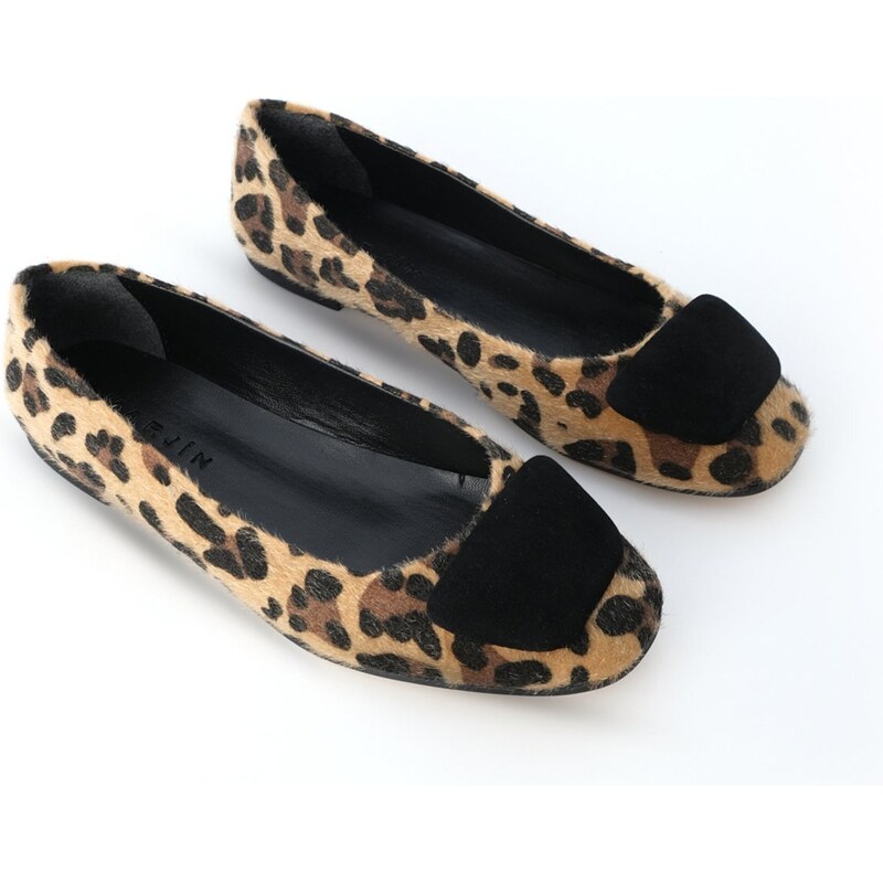 Marjin Women's Buckle Flat Flats Wool Leopard