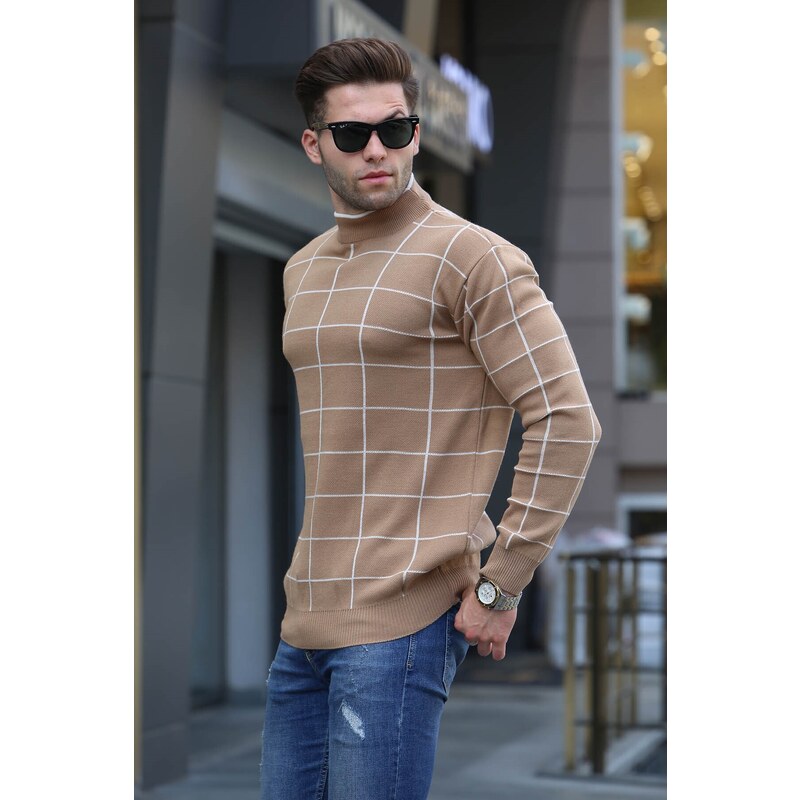 Madmext Beige Checked Knitwear Sweater 5796