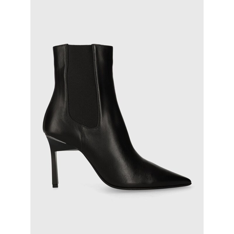 Kožené kotníkové boty Calvin Klein GEO STILETTO CHELSEA BOOT 90 dámské, černá barva, na podpatku, HW0HW01708