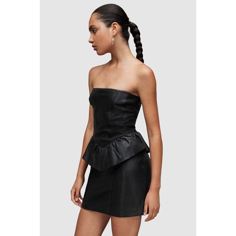 Kožené šaty AllSaints WL068Z CASSIE LEA RUFFLE DR černá barva, mini