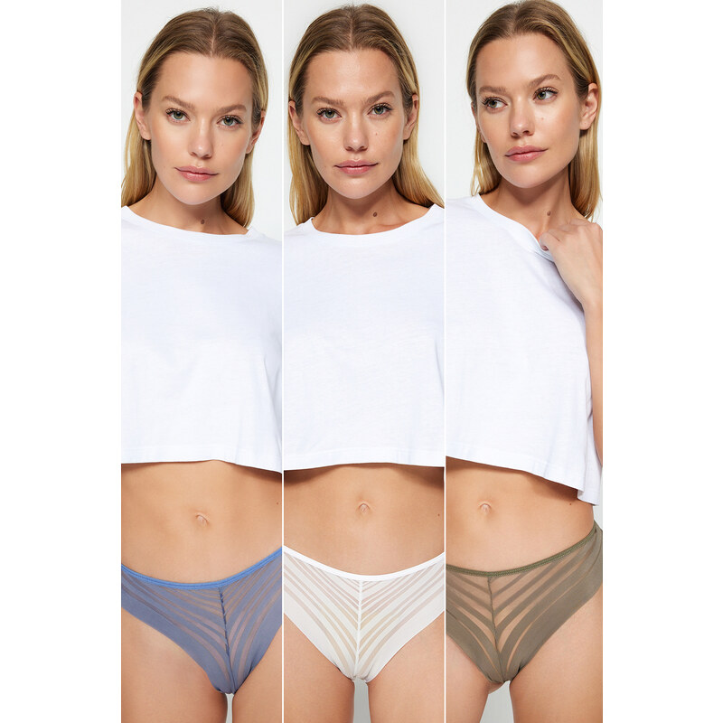 Trendyol Green-Blue-Ecru 3-Pack Polyamide Brazilian Knitted Briefs