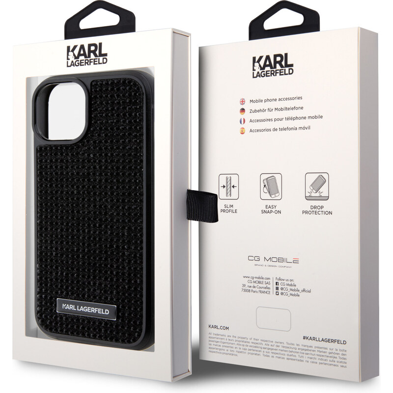 Ochranný kryt na iPhone 15 - Karl Lagerfeld, Rhinestone Plate Metal Logo Black
