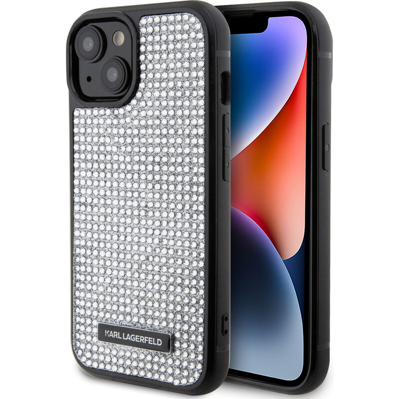 Ochranný kryt na iPhone 15 - Karl Lagerfeld, Rhinestone Plate Metal Logo Silver