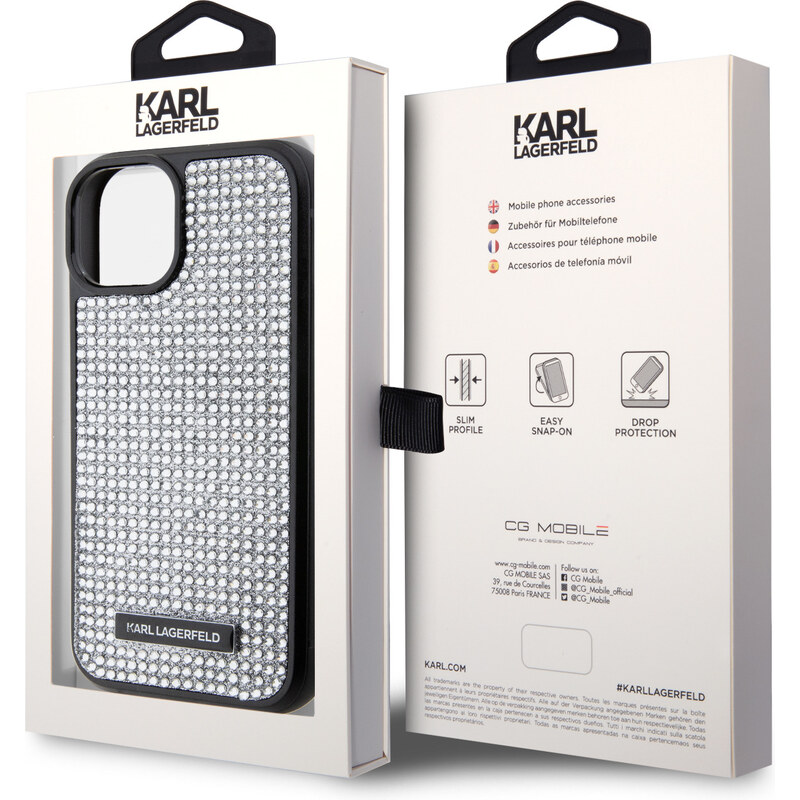 Ochranný kryt na iPhone 15 - Karl Lagerfeld, Rhinestone Plate Metal Logo Silver