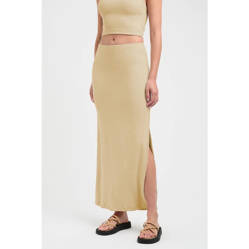 Madmext Beige Basic Women's Long Skirt With Slit Detail