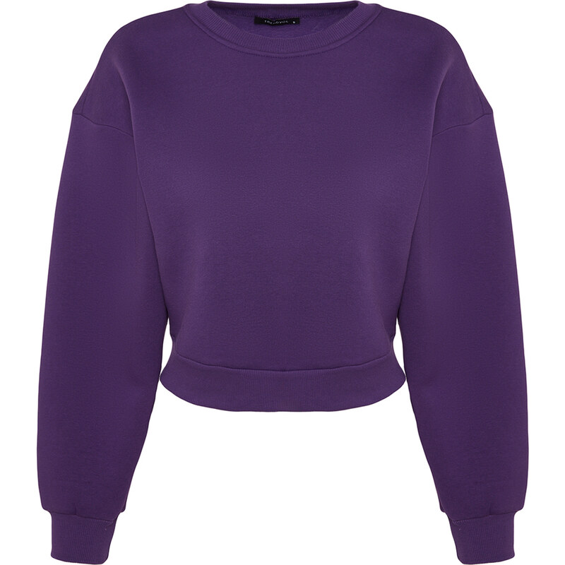 Trendyol Purple Comfort Fit Crop Basic Crew Neck Thick Fleece Knitted Sweatshirt