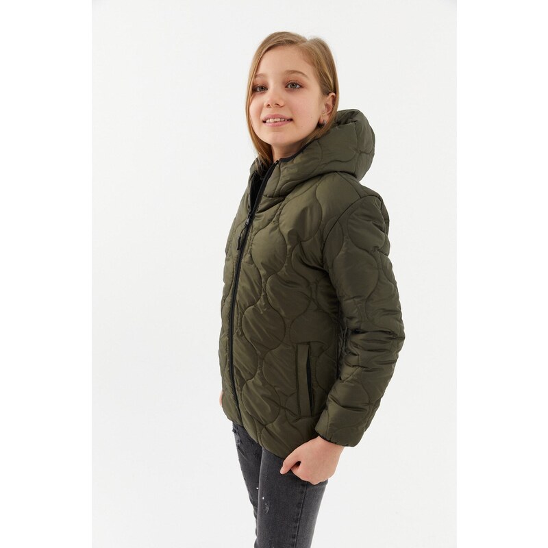 River Club Girl's Onion Pattern Water and Windproof Fiber Khaki Hooded Coat