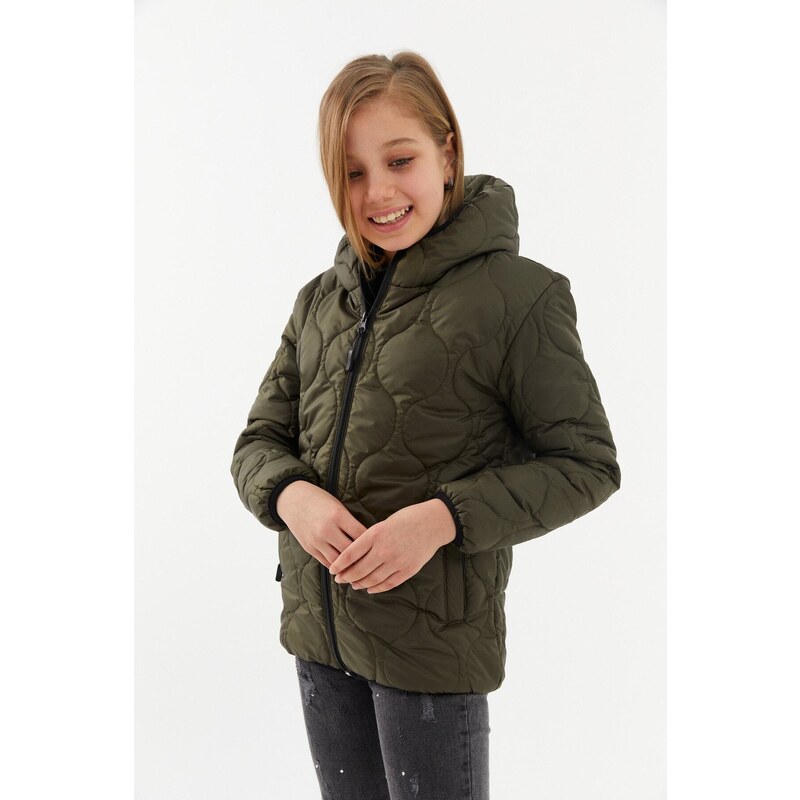 River Club Girl's Onion Pattern Water and Windproof Fiber Khaki Hooded Coat