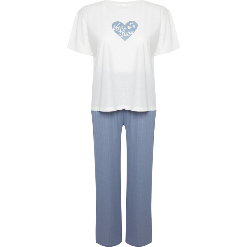 Trendyol Curve Blue Heart Pattern Ribbed Knitted Pajamas Set