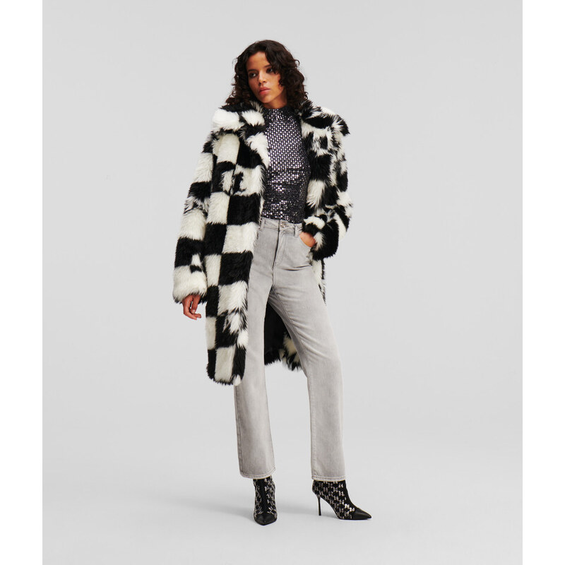 KABÁT KARL LAGERFELD CHECK FAUX FUR COAT