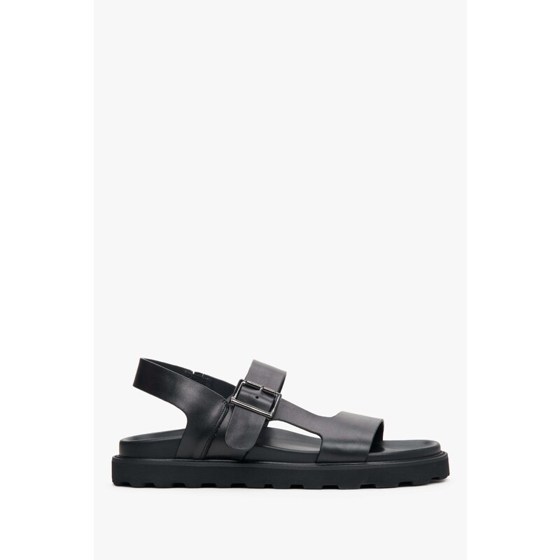 Men's Black Leather Sandals with Buckle Estro ER00113324