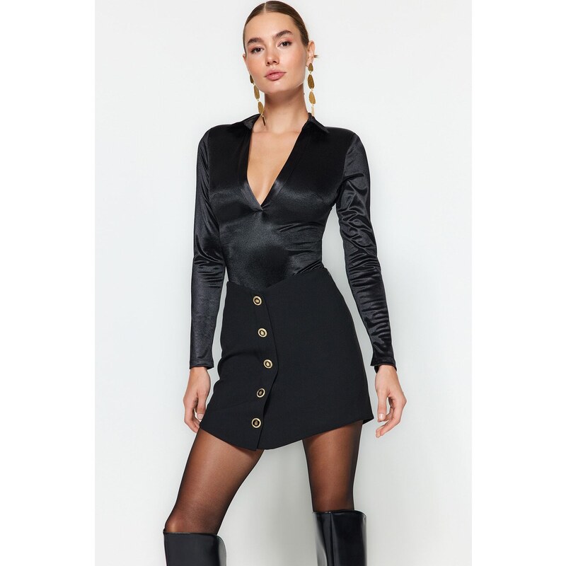 Trendyol Black Collar Detailed Knitted Satin Bodysuit