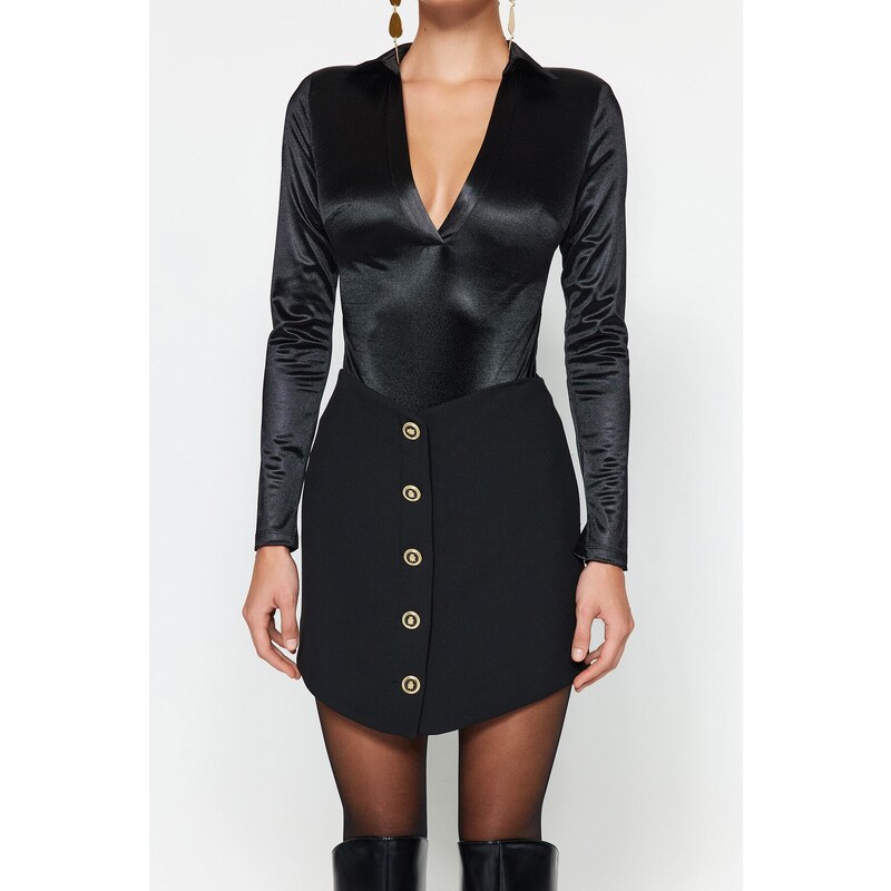 Trendyol Black Collar Detailed Knitted Satin Bodysuit